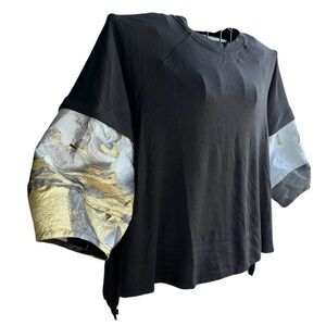 Alembika Peony Top M Black Metallic Floral Sleeve Lagenlook Tunic Made Israel
